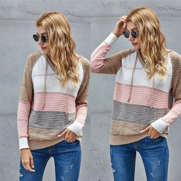 IN STOCK Color Block Knit Pullover Hoodie - RED - Picture 5 of 6